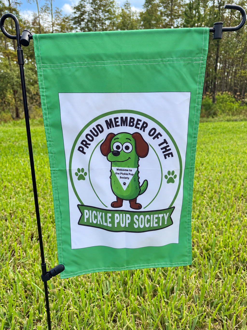 Pickle Pup Society Garden Flag – 12 × 18 Inches