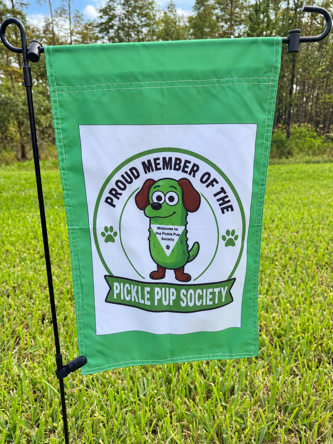 Pickle Pup Society Garden Flag – 12 × 18 Inches