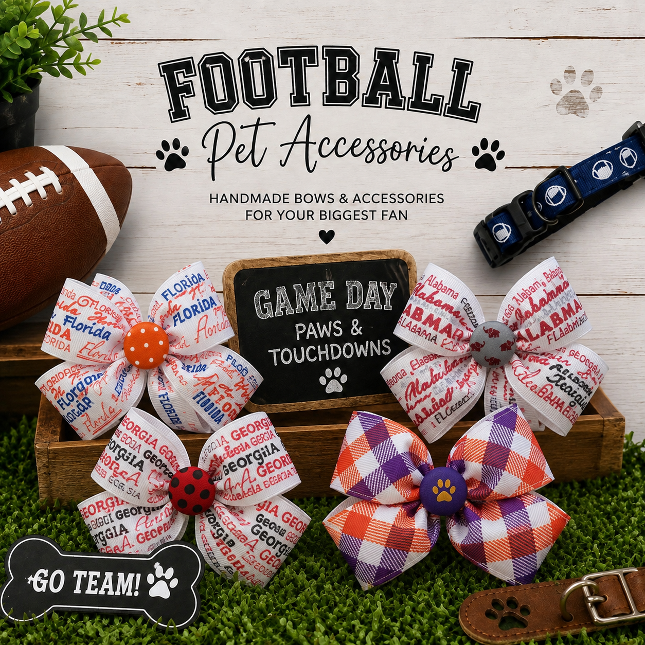 Game Day Football Pet Bows – Custom Team Colors