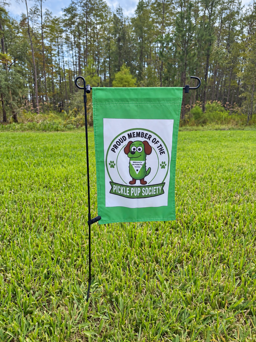 Pickle Pup Society Garden Flag – 12 × 18 Inches