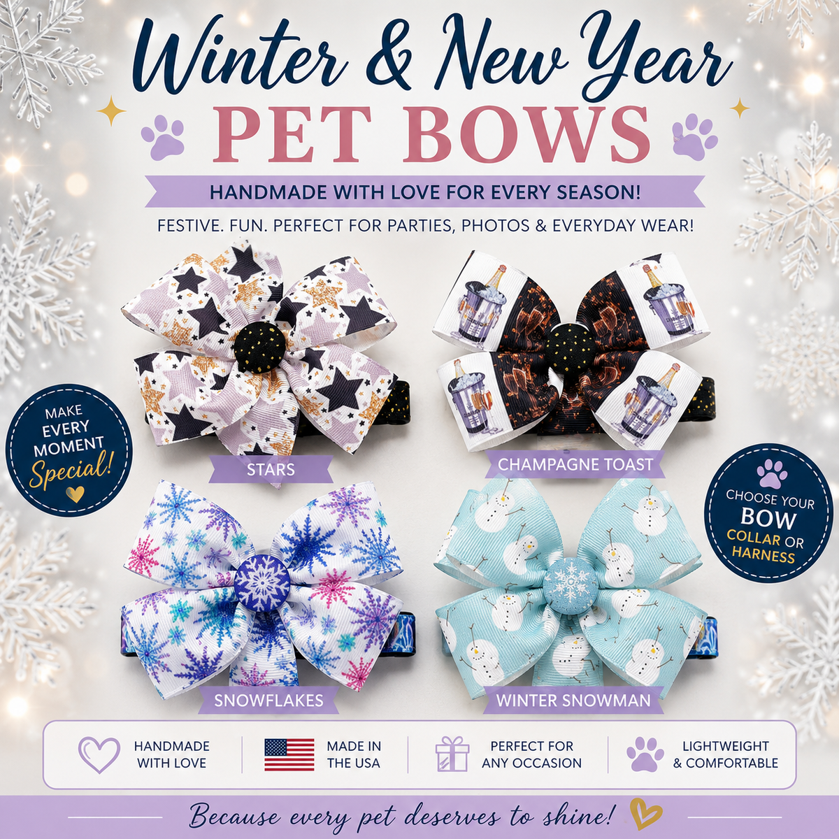 Celebrate & Sparkle Pet Bow – Winter & New Year Patterns