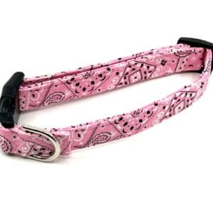 A pink bandana dog collar with a metal buckle.