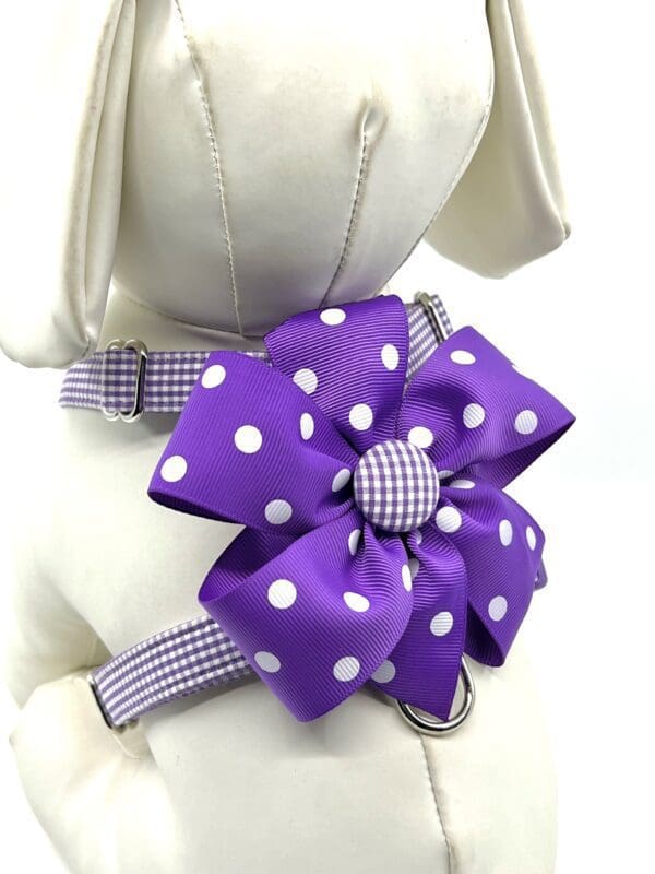 Purple Gingham w/ Optional Bow Choices- "H" Style Harness and white polka dot dog harness.