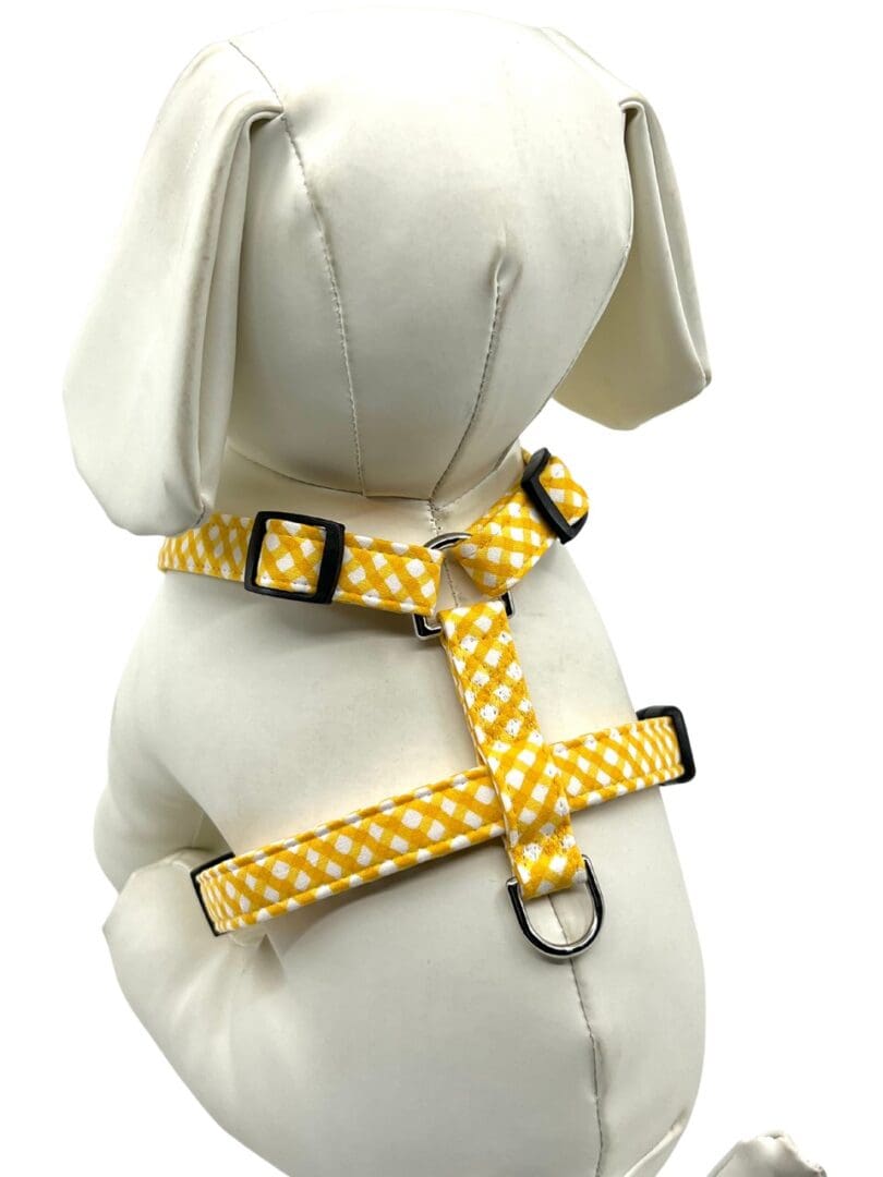 A dog wearing a Yellow Gold Check- "H" Style Harness.