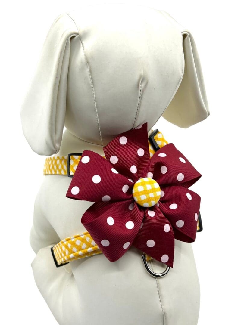 Maroon and Yellow Gold Check w/ Garnet Polka Dot Bow- "H" Style dog harness.