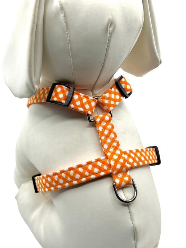 Orange Check- "H" Style Harness and white polka dot dog harness.