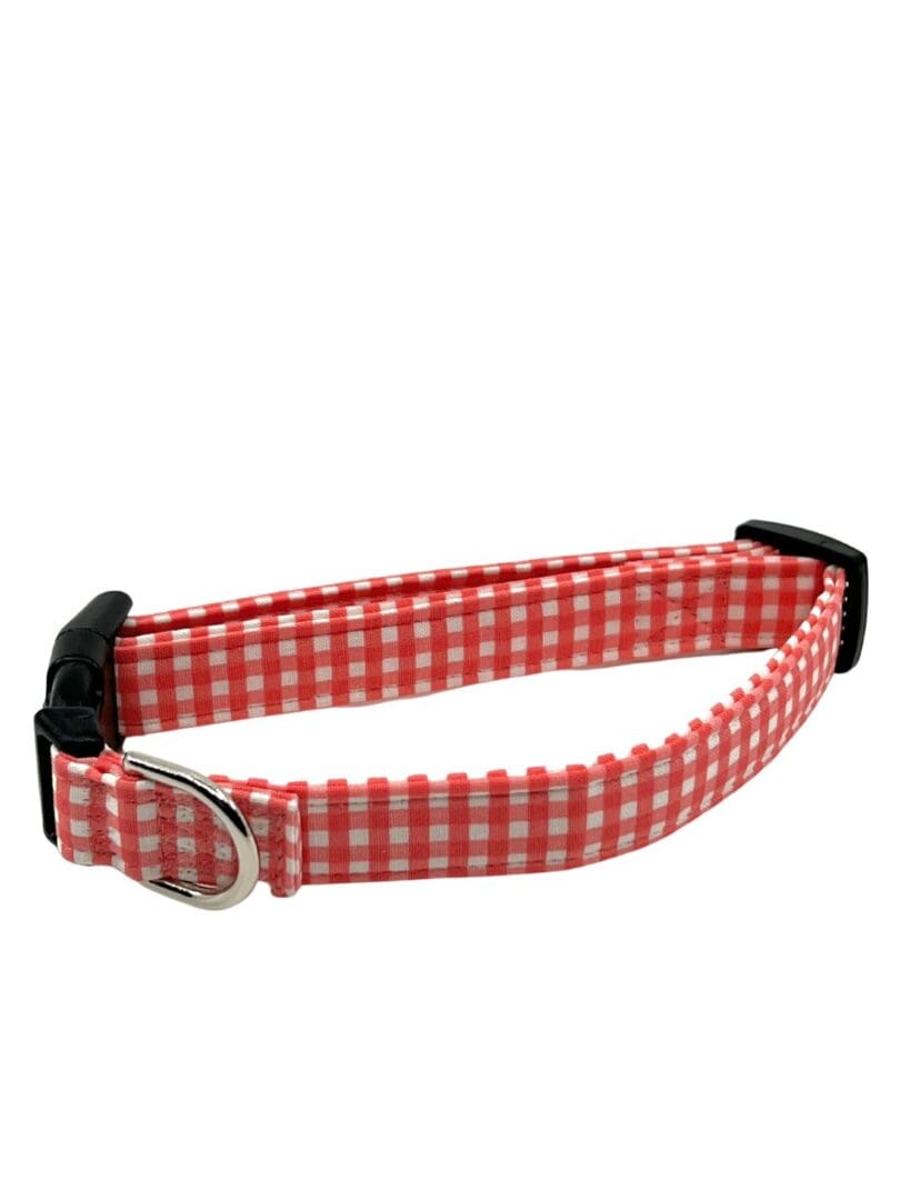 A coral gingham collar with a black buckle.