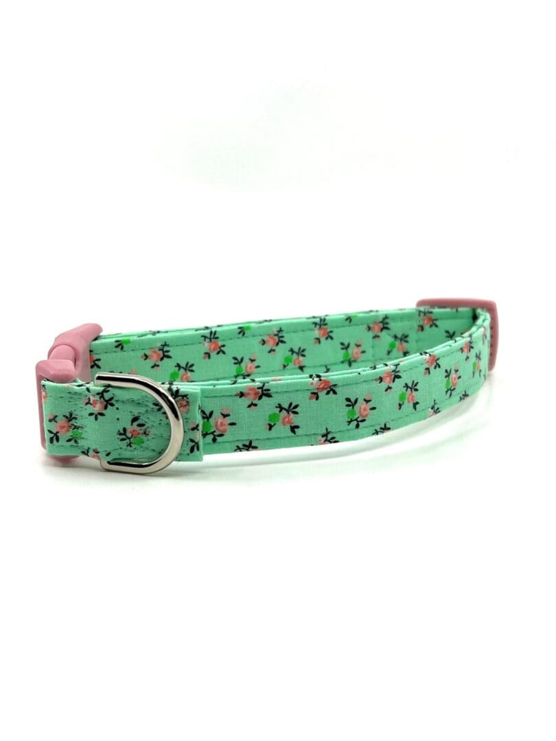 A green floral dog collar with a pink buckle.