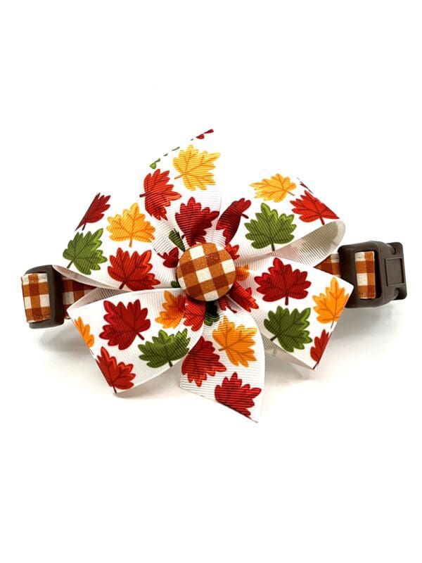 A dog collar with autumn leaves on it.