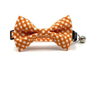 An orange and white gingham bow tie on a white background.