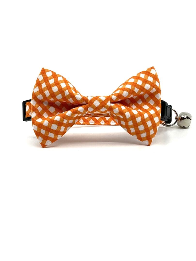 An orange and white gingham bow tie on a white background.