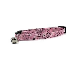 A pink cat collar with black and white paisley pattern.