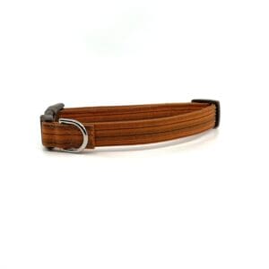 A brown leather dog collar on a white background.