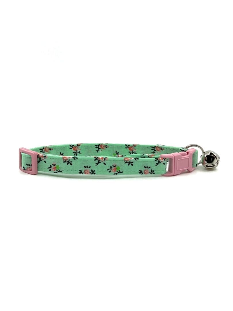 A green and pink cat collar with a pink buckle.