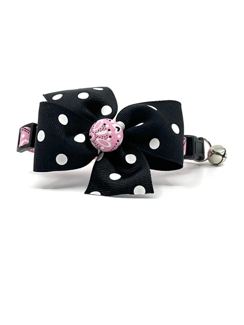 A black and pink polka dot cat collar with a pink bow.