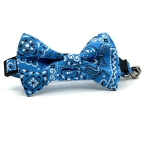 A blue bow tie with white and blue bandana.