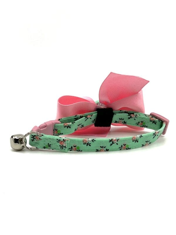 A green and pink cat collar with a pink bow.