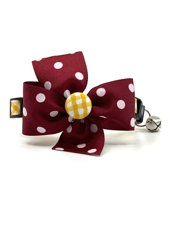 Maroon and yellow polka dot cat collar.