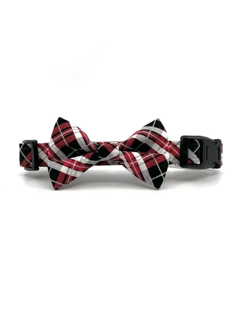 A Red and Black Plaid Collar with Bow Tie on a white background.