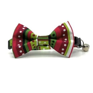 A red, green and white bow tie with bells.
