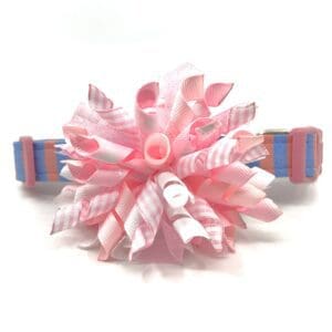 A pink and blue flower with a striped bow.