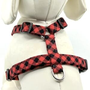 Red and black plaid dog harness.