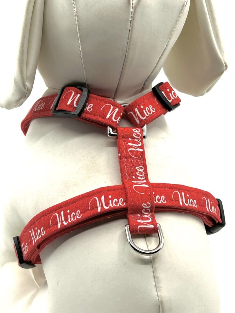 A red harness with the word nice written on it.