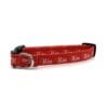 A red collar with the word nine written on it.