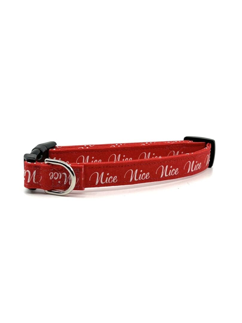 A red collar with the word nine written on it.