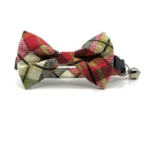 A red and white plaid bow tie with bell.