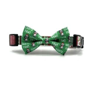 A green bow tie with football teams on it.