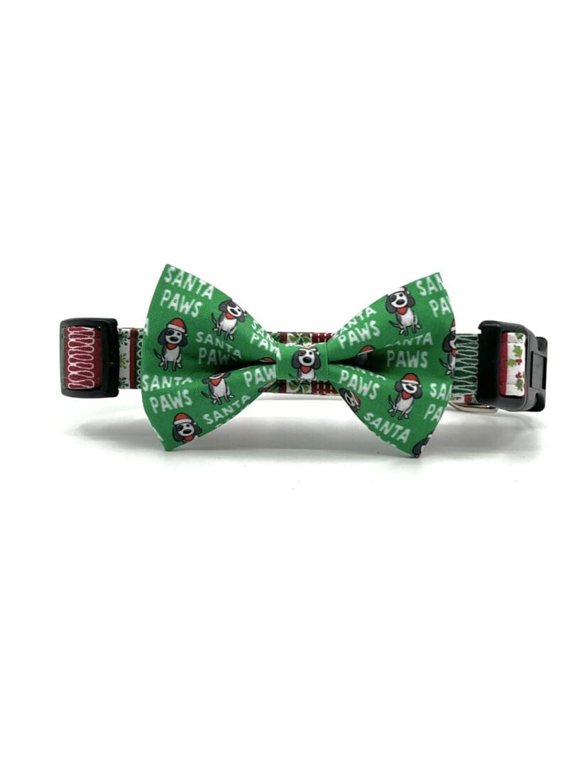 A green bow tie with football teams on it.