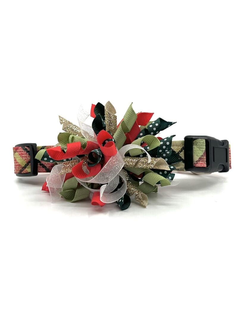 A dog collar with red, green, and black ribbons.