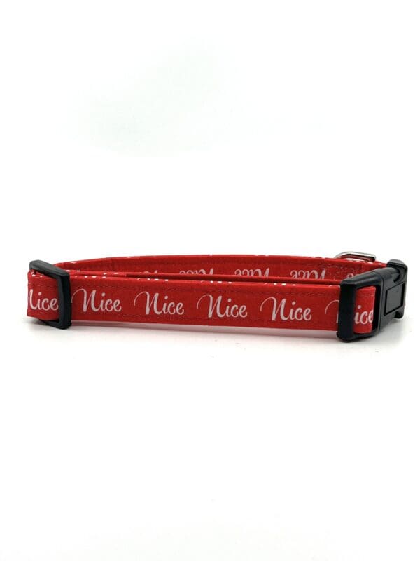 A red collar with the word nice written on it.