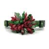 A green and red dog collar with a flower.