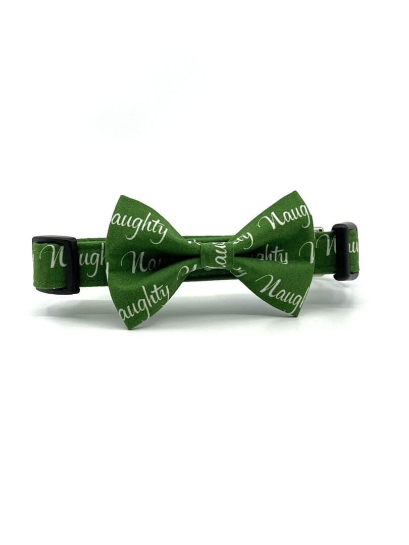 A green bow tie with the word naughty written on it.