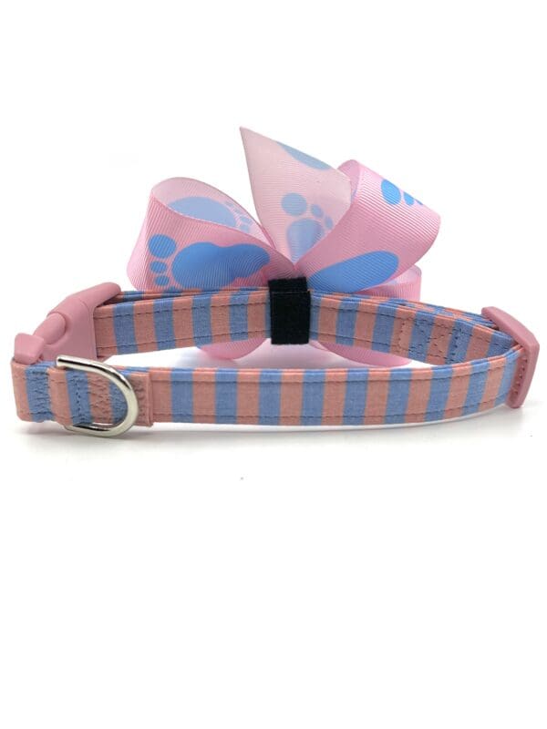 A pink and blue striped dog collar with a bow.