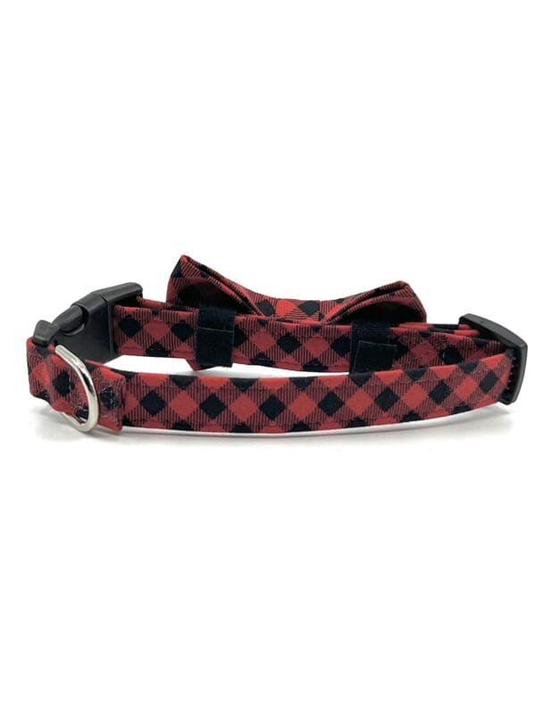 A red and black plaid dog collar with bow tie.