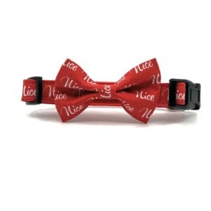 A red bow tie with the word nice written on it.