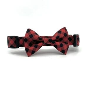 A red and black bow tie collar for dogs.