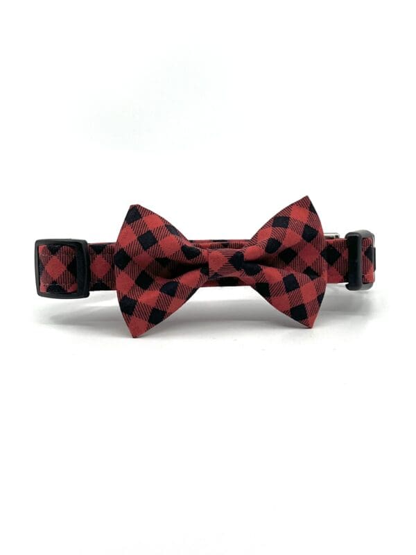 A red and black bow tie collar for dogs.