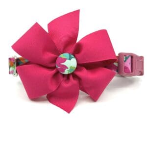 A pink flower with a colorful center is on top of a collar.