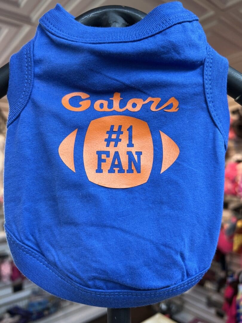 A blue shirt with an orange football on it.