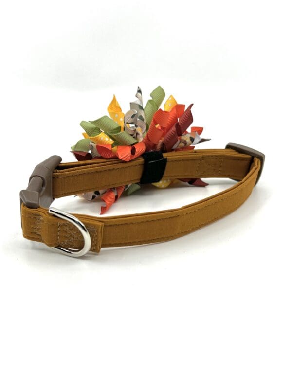 A brown dog collar with colorful leaves on it.