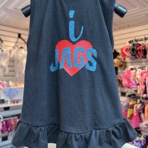 A black dress with the words " i love jags " on it.