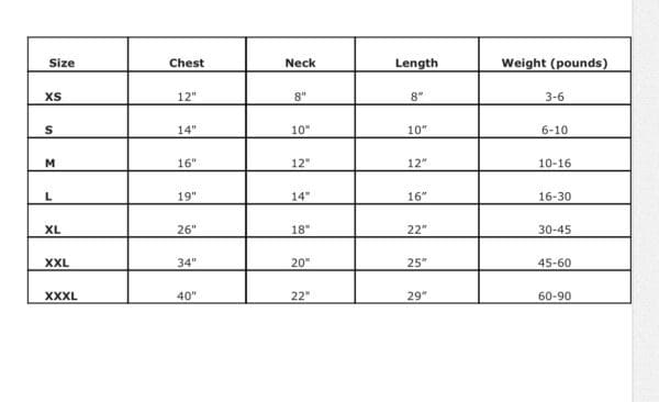 A table with the measurements of chest, neck and length.