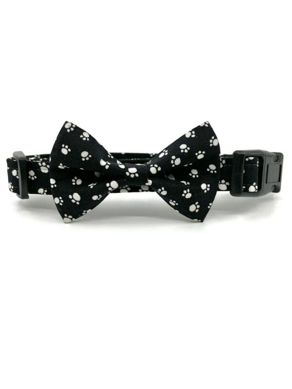 A black bow tie with white paw prints on it.