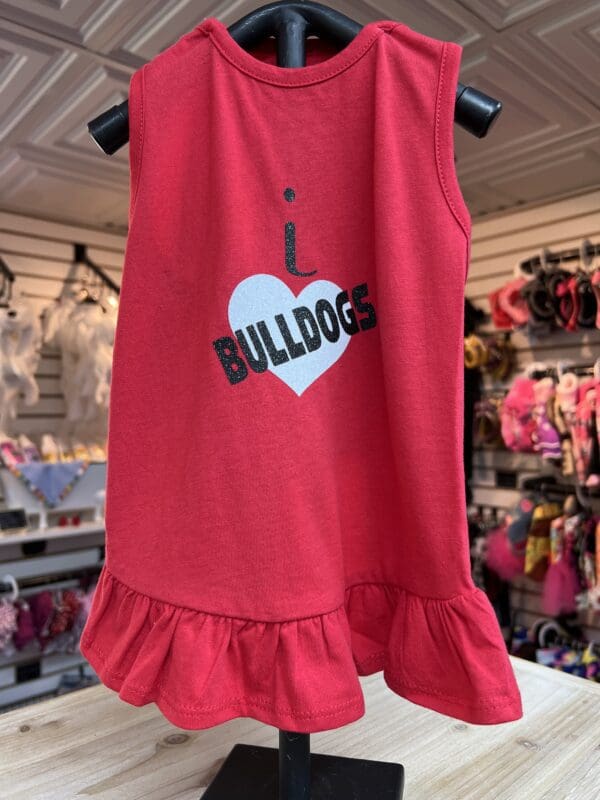 A red shirt with the word bulldog on it.