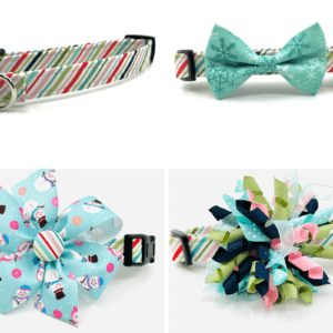 A collage of four different dog collars and bows.