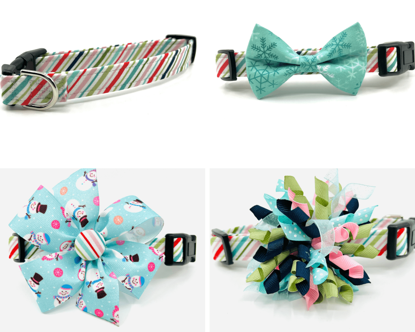 A collage of four different dog collars and bows.